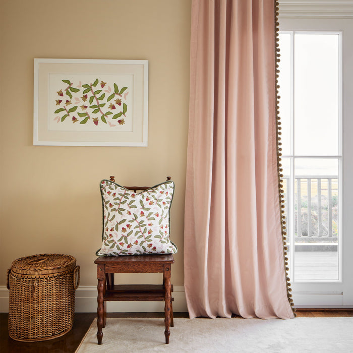 Rose custom curtains in Millennial Pink fabric, adding mid-century modern elegance and cozy sophistication to your home.