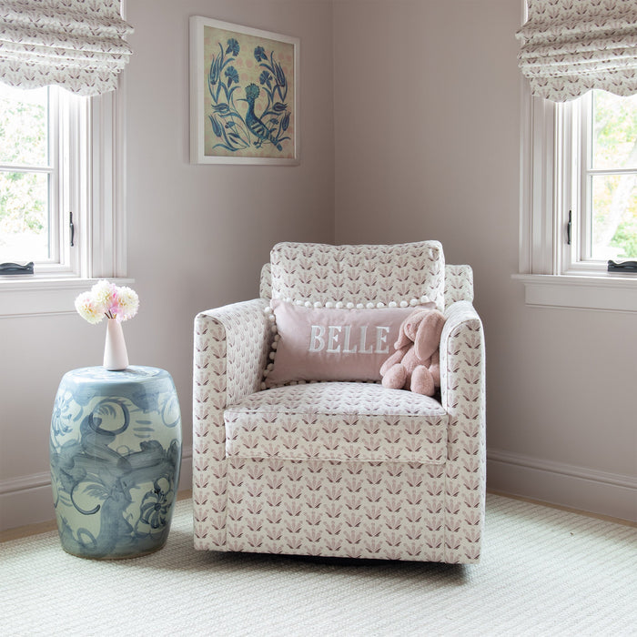 Rose made-to-order fabric armchair in soft pink pattern, designed for quick delivery and crafted in the USA with quality materials