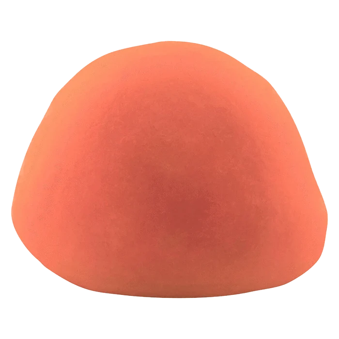 Front-facing close-up of a single soft orange [Rotating] Fruit Chews Gummies dome against a transparent background.