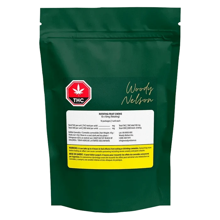 Front-facing pouch of [Rotating] Fruit Chews Gummies in deep green packaging with a THC symbol and a white product label.