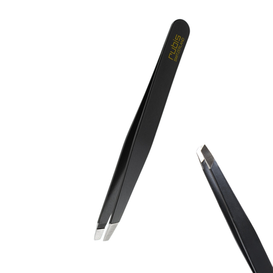 Rubis T106 Straight Tip Tweezer | Black precision tweezers with silver metal tips, featuring gold 'Rubis' branding, shown on a clean white background.