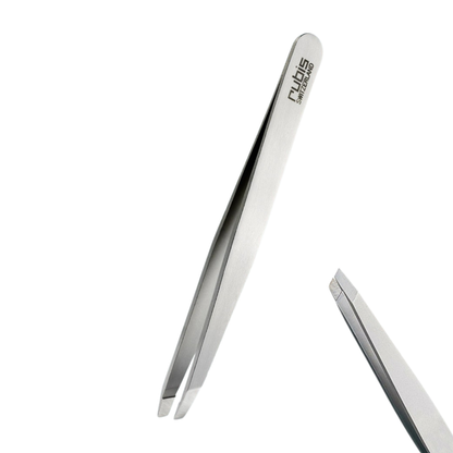 Rubis T101 Slanted Oblique Pointed Tweezer | A pair of stainless-steel tweezers with a brushed metal finish, featuring the brand name 'Rubis' printed on the handle, shown against a solid white background.