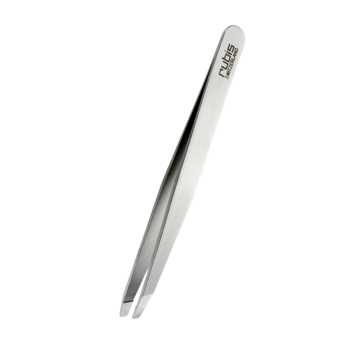 Rubis T101 Slanted Oblique Tweezer | A pair of stainless-steel precision tweezers with a brushed finish, for eyebrow plucking, featuring the 'Rubis' brand logo printed on the upper right arm, set against a solid white background.
