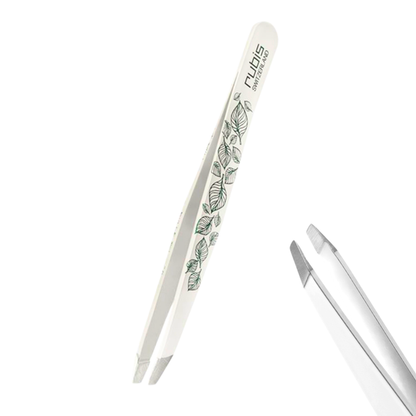 Rubis T108 Oblique Tweezer | White straight ended tweezers, for Eyebrow shaping & hair plucking with green leaf illustrations and the brand name 'Rubis' printed on the handle, shown on a clean white background.