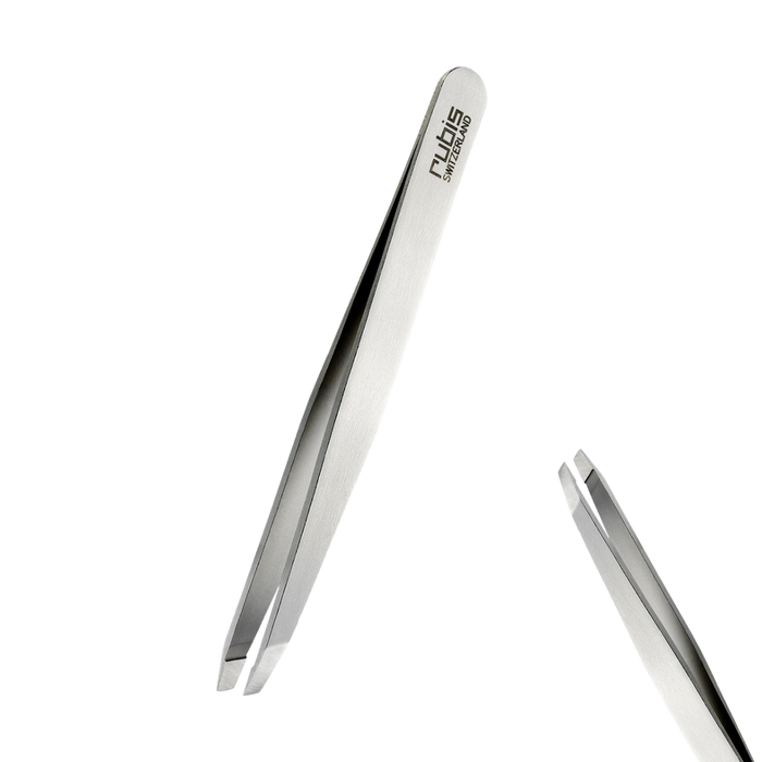 Rubis T111 Tweezer | A pair of stainless-steel straight tip tweezers for precision hair plucking & eyebrow shaping with the brand name 'Rubis' printed on the handle, shown against a solid white background and a second pair cropped at the bottom right.