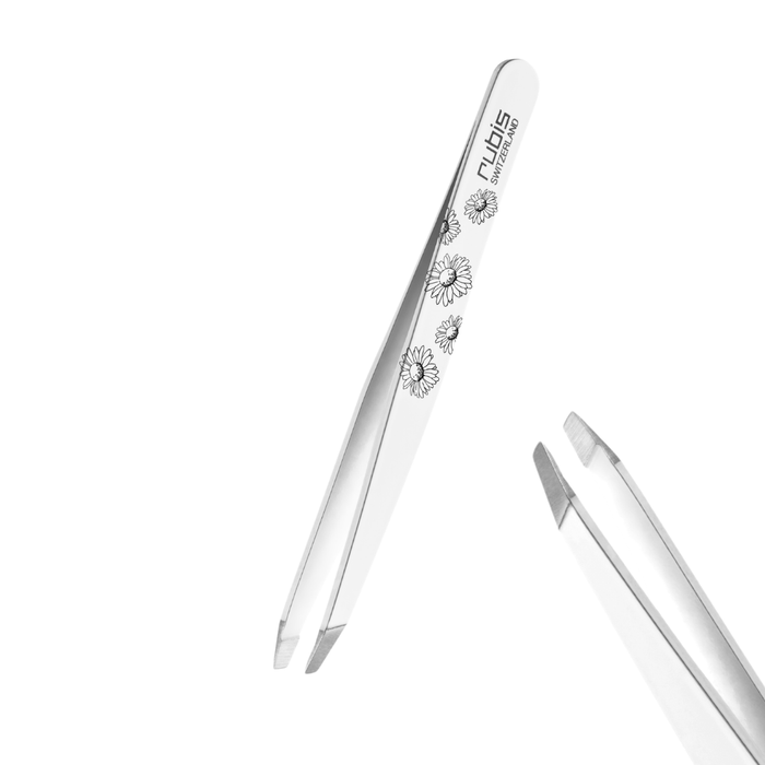 T302 White Straight Eyebrow Hair Plucking Tweezer | Sterile stainless-steel tweezers with black daisy floral engravings and the brand name 'Rubis' on the handle, shown against a solid white background.