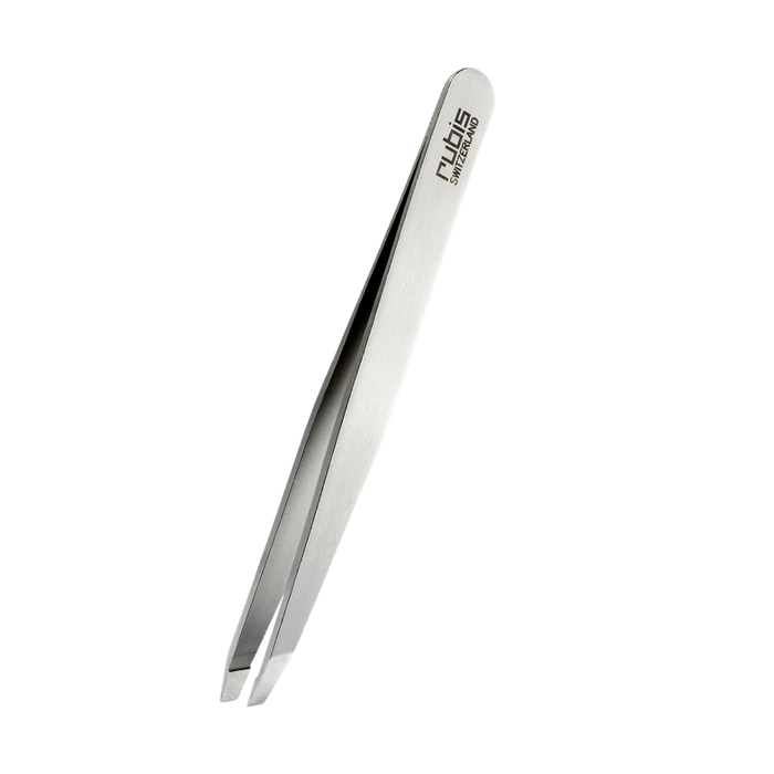 Rubis T111 Tweezer | A pair of stainless-steel straight tip tweezers for precision hair plucking & eyebrow shaping with the brand name 'Rubis' printed on the handle, shown against a solid white background.