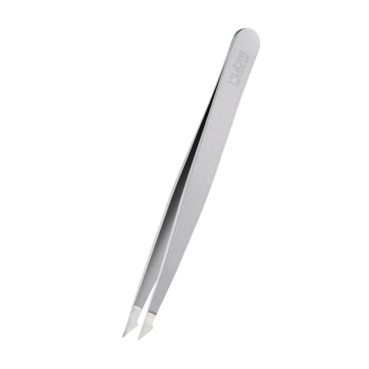 T113 Rubis Sharp Slanted Point Evolution Brow Ingrown Hair Tweezer | A pair of silver stainless steel tweezers with a matte finish and a small etched Rubis logo, shown diagonally on a solid white background.