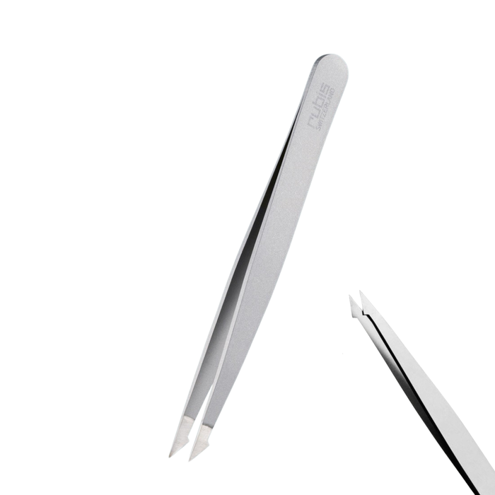 T113 Rubis Sharp Slanted Point Evolution Brow Ingrown Hair Tweezer | Silver stainless steel tweezers with a matte finish and a small etched Rubis name, shown on a clean white background.