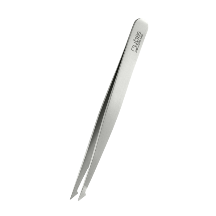 T104 Rubis Sharp Slanted Point Evolution Brow Ingrown Hair Tweezer | A pair of Rubis steel tweezers with a sharp slanted tip on a white background