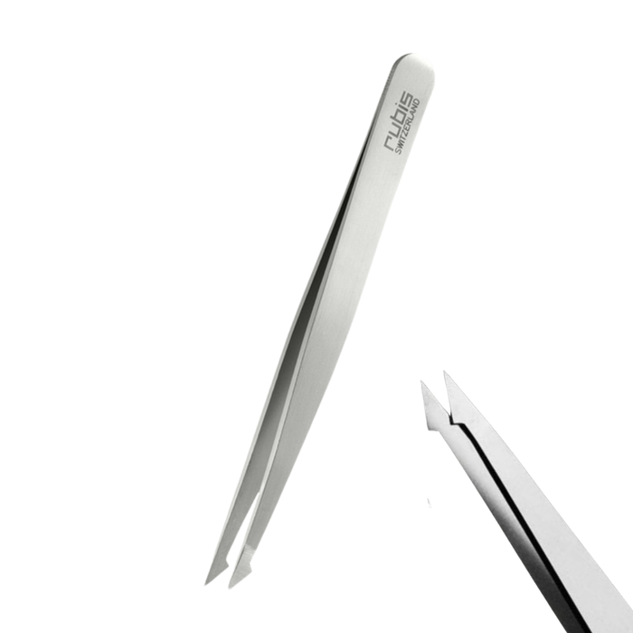 T104 Rubis Sharp Slanted Point Evolution Brow Ingrown Hair Tweezer | A pair of metallic precision tweezers with a brushed silver finish, featuring the brand name 'RUBIS' printed on one arm, shown against a solid white background.