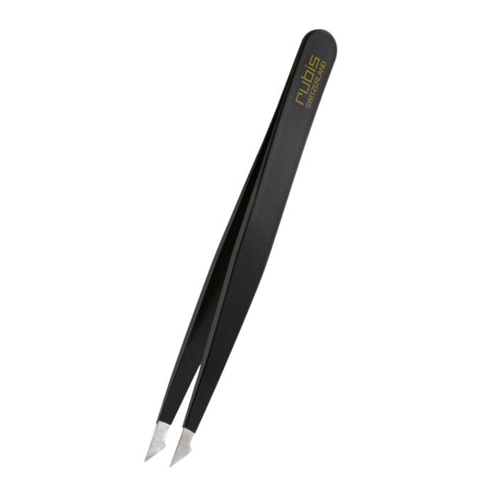 T105 Rubis Sharp Point Evolution Brow Ingrown Hair Tweezer | A Rubis sharp pointed black tweezer on a white background
