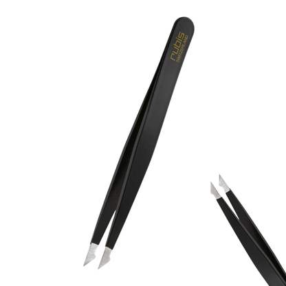 T105 Rubis Sharp Point Evolution Brow Ingrown Hair Tweezer | Black precision tweezers with silver metal slanted tips, featuring gold 'Rubis' branding on one handle, shown against a solid white background.