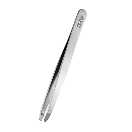 T103 Rubis Black Straight Claw Eyebrow Tweezer | A pair of metallic precision tweezers with a polished silver finish, featuring the brand name 'Rubis' printed vertically on one arm, set against a solid white background.
