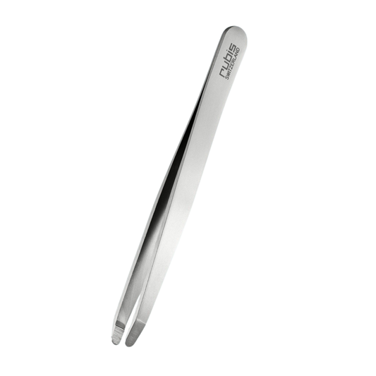 T103 Rubis Black Straight Claw Eyebrow Tweezer | A pair of metallic precision tweezers with a polished silver finish, featuring the brand name 'Rubis' printed vertically on one arm, set against a solid white background.