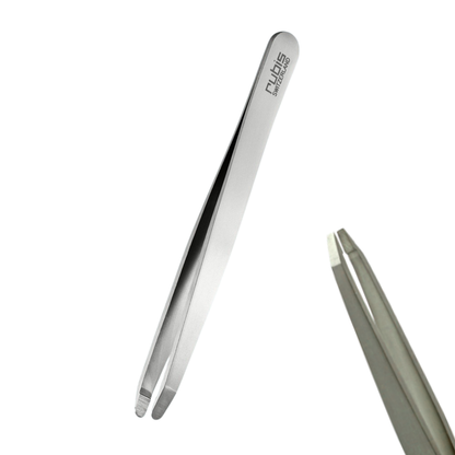 T107 Rubis Black Straight Claw Eyebrow Tweezer | A pair of metallic precision tweezers with a polished silver finish, featuring the brand name 'Rubis' engraved on the handle, shown against a solid white background.