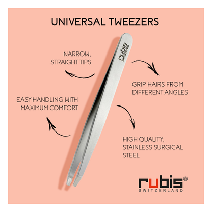 T103 Rubis Black Straight Claw Eyebrow Tweezer | Universal stainless-steel tweezers shown on a peach background with marketing text highlighting narrow straight tips, grip hair from different angles, easy handling, and high quality.
