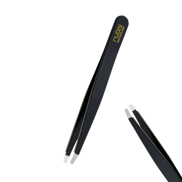 T107 Rubis Black Straight Point Eyebrow Tweezer | Black tweezers with white tips, featuring the gold 'Rubis Switzerland' logo on the handle, shown on a clean white background.