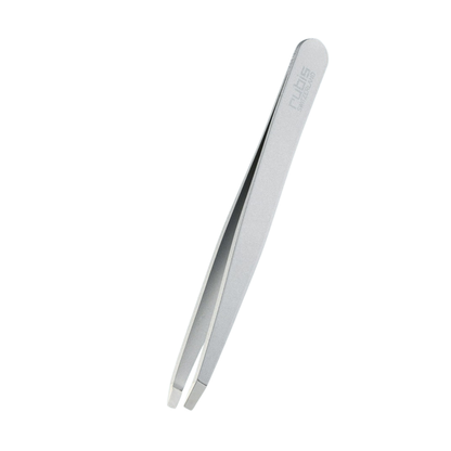 T115 Rubis Straight Point Ion Eyebrow Tweezer | A pair of silver stainless steel tweezers with a matte finish, featuring the brand name 'Rubis' engraved on the handle, set against a plain white background.