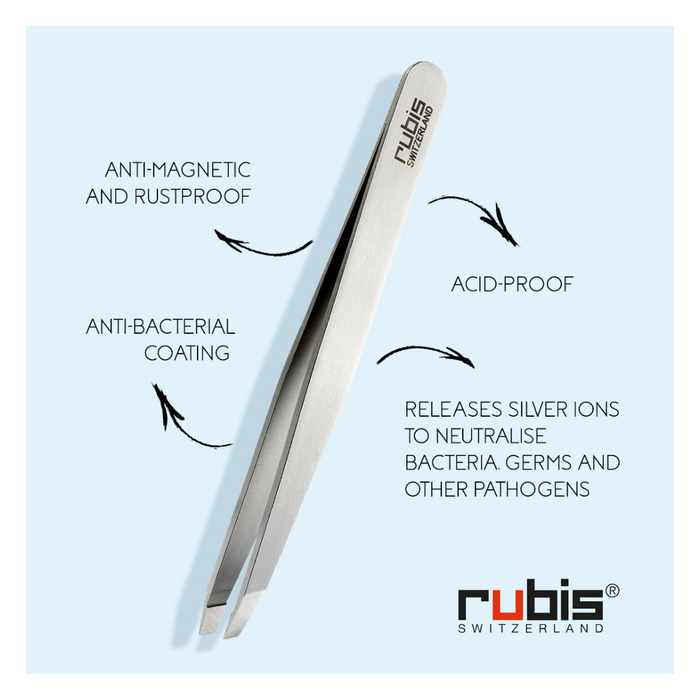 T115 Rubis Straight Point Ion Eyebrow Tweezer | Silver stainless steel tweezers with 'Rubis Switzerland' branding, shown on a light blue background with text highlighting key features like anti-magnetic, rustproof, acid-proof, and antibacterial coating.
