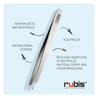 T115 Rubis Straight Point Ion Eyebrow Tweezer | Silver stainless steel tweezers with 'Rubis Switzerland' branding, shown on a light blue background with text highlighting key features like anti-magnetic, rustproof, acid-proof, and antibacterial coating.