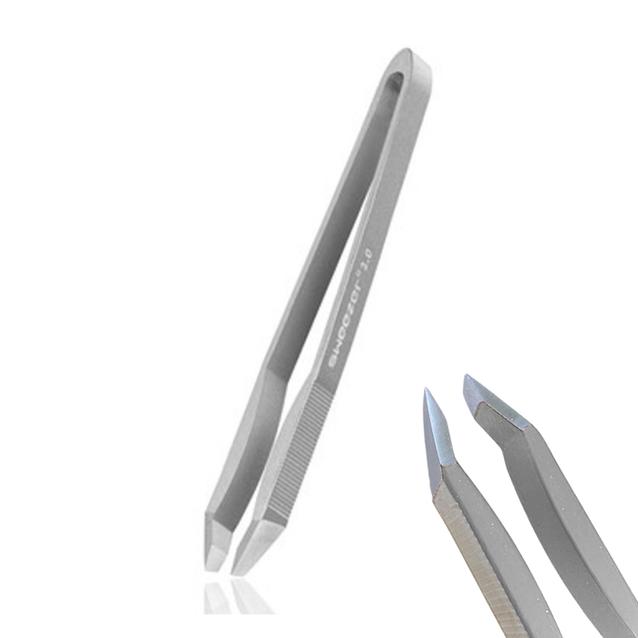 T206 Rubis Silver Sweezer Tweezer | A pair of metallic precision tweezers shown on a clean white background, with one full-length view and two close-up views of the pointed tips.