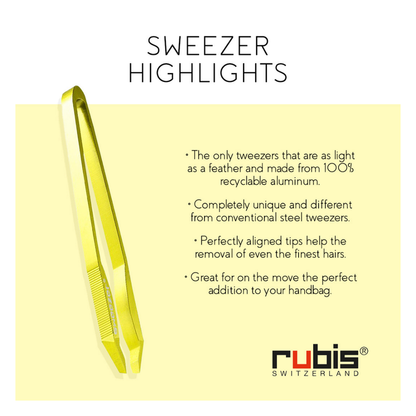 T107 Rubis Yellow Sweezer Tweezer | A promotional graphic for Rubis Tweezers featuring a single translucent yellow tweezer on a pale yellow background with text reading 'SWEEZER HIGHLIGHTS' and product benefits, plus the Rubis Switzerland logo.