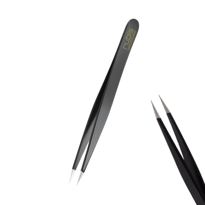 T110 Rubis Black Sharp Point Brow Tweezer |Two pairs of precision tweezers on a plain white background, with one pair angled diagonally and the other partially visible on the right. The tweezers have black handles with gold 'Rubis' branding and silver metal tips.