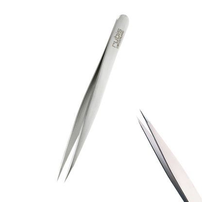T100 Rubis Sharp Point Brow Tweezer | A pair of Rubis silver metal tweezers with a sharp point and with the brand name 'Rubis' printed on the handle, shown against a solid white background with a second pair of tweezers partially visible in the lower right corner.