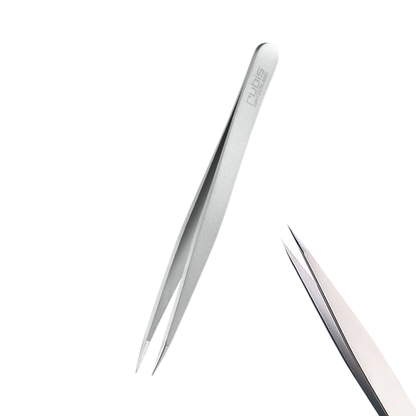 Rubis T112 Tweezer | A pair of metallic silver precision pointed tip tweezers for eyebrow shaping shown on a clean white background, with a second pair partially visible in the lower right corner.