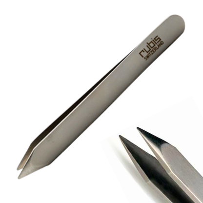 Rubis T102 Pointed Tweezer | A pair of stainless-steel precision tweezers, for Precision eyebrow shaping & hair plucking with the brand name 'Rubis SWITZERLAND' printed on the handle, shown on a clean white background with a close-up of the tip in the lower right corner.