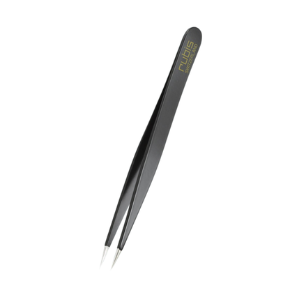 T110 Rubis Black Sharp Point Tweezer | A pair of black sharp tip precision tweezers with gold 'Rubis' branding on the handle, shown against a solid white background.