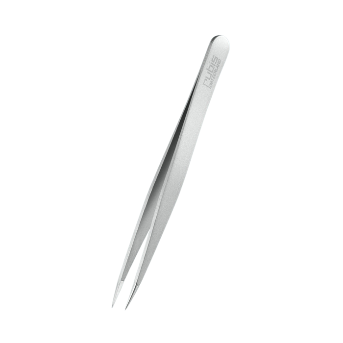 Rubis T112 Tweezer | A pair of metallic silver precision pointed tip tweezers for eyebrow shaping shown on a clean white background