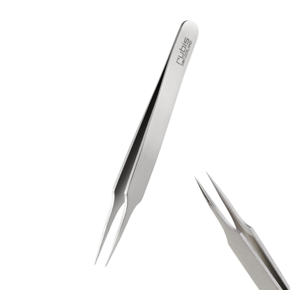 Rubis T114 Ion Tweezer | Sharp pointed tip anti-static stainless-steel tweezer for eyebrow & hair plucking with the brand name 'Rubis' engraved on the handle, shown against a solid white background with a second pair partially visible in the lower right corner.