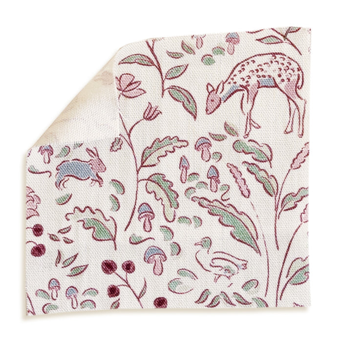 Ruby Burgundy fabric swatch with whimsical woodland print by Pepper Home, perfect for custom curtains and made-to-order décor.