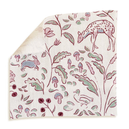 Ruby Burgundy fabric swatch with whimsical woodland print by Pepper Home, perfect for custom curtains and made-to-order décor.
