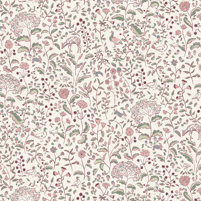 Ruby Burgundy curtain fabric with hand-painted floral and woodland creature design by Pepper Home, custom made-to-order elegance.