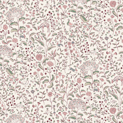 Ruby Burgundy curtain fabric with hand-painted floral and woodland creature design by Pepper Home, custom made-to-order elegance.