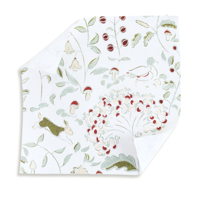 Ruby Moss fabric with whimsical woodland creatures and floral motifs for custom Pepper Home curtains.