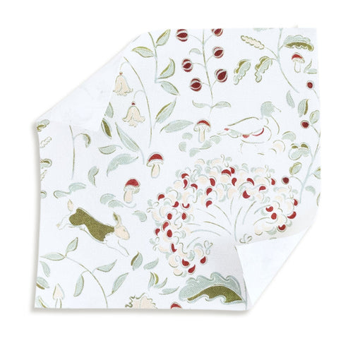 Ruby Moss fabric with whimsical woodland creatures and floral motifs for custom Pepper Home curtains.