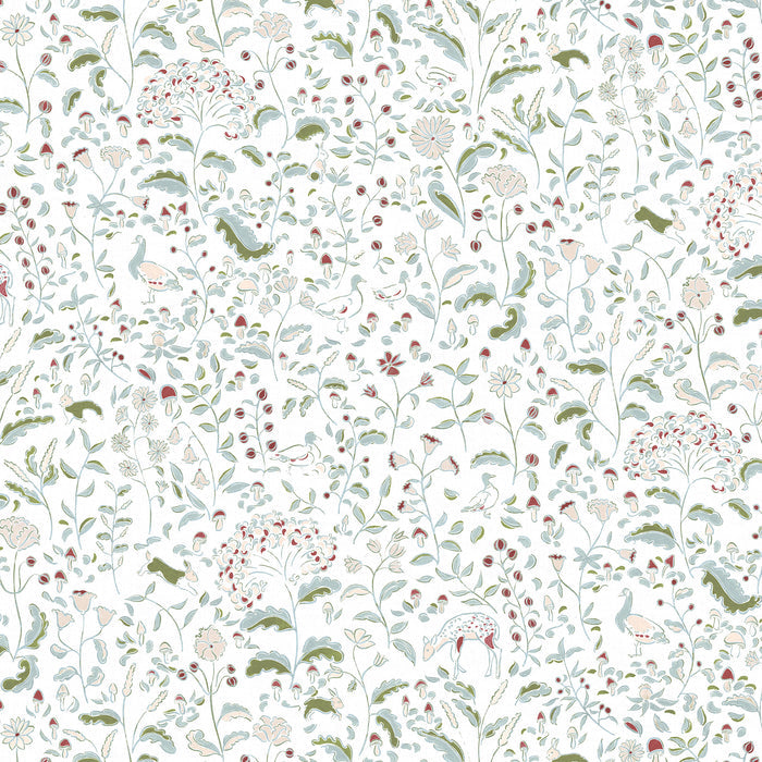 Ruby Moss custom curtain fabric featuring whimsical woodland creatures and delicate floral motifs by Pepper Home.
