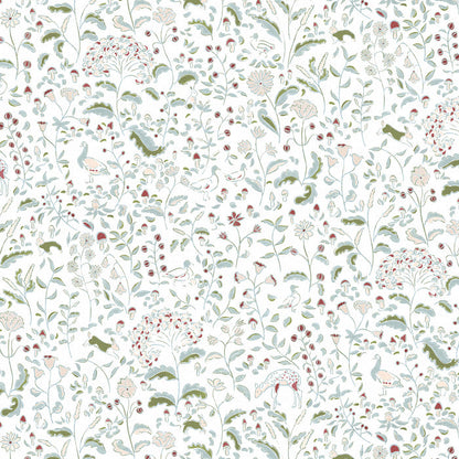 Ruby Moss custom curtain fabric featuring whimsical woodland creatures and delicate floral motifs by Pepper Home.