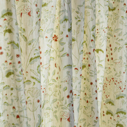 Sheer curtains featuring the Ruby Moss pattern with enchanting florals and woodland creatures by Pepper Home.