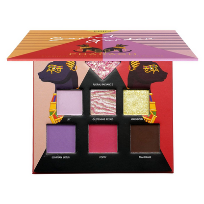 EBIN pharaoh inspired eyeshadow palette open displaying six shades including lavender purple pink gold glitter and brown