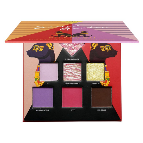 EBIN pharaoh inspired eyeshadow palette open displaying six shades including lavender purple pink gold glitter and brown