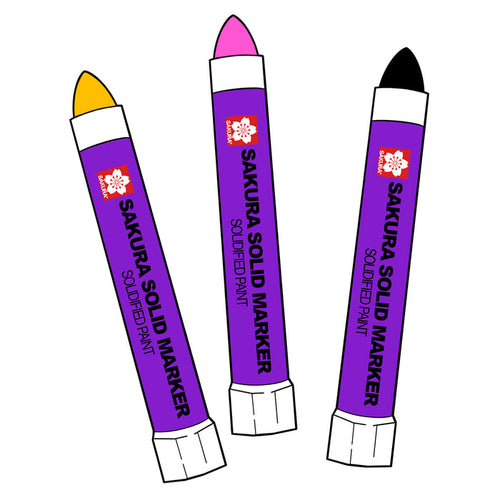 Illustration of three Sakura Solid Paint Markers with twist top caps, in yellow, pink, and black colors.