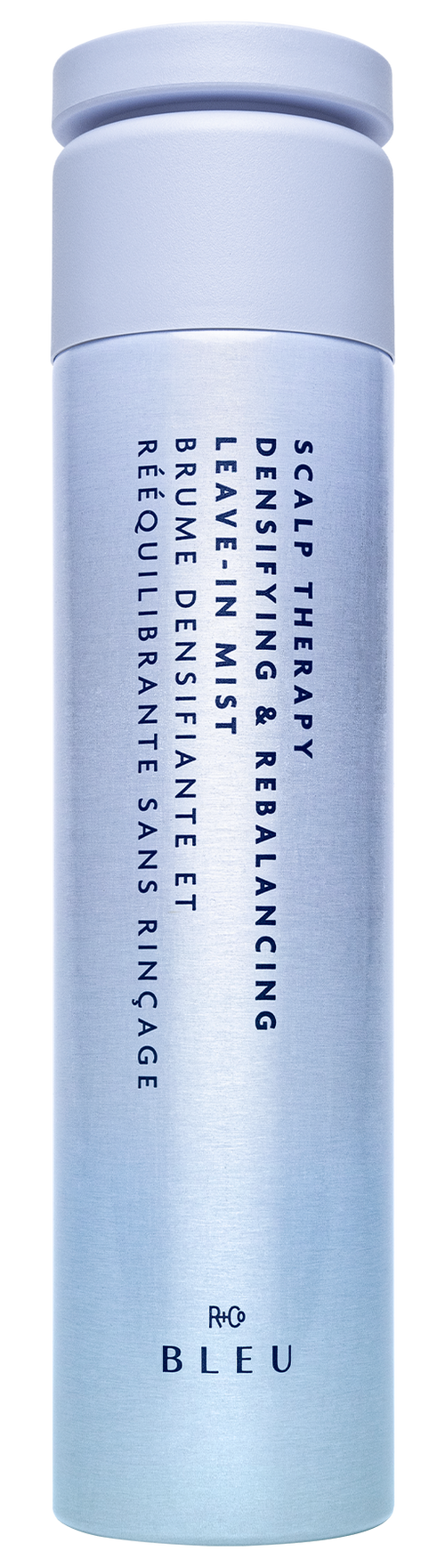 Blue cylindrical bottle with text on a white background