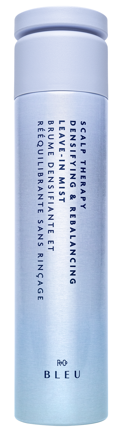 Blue cylindrical bottle with text on a white background