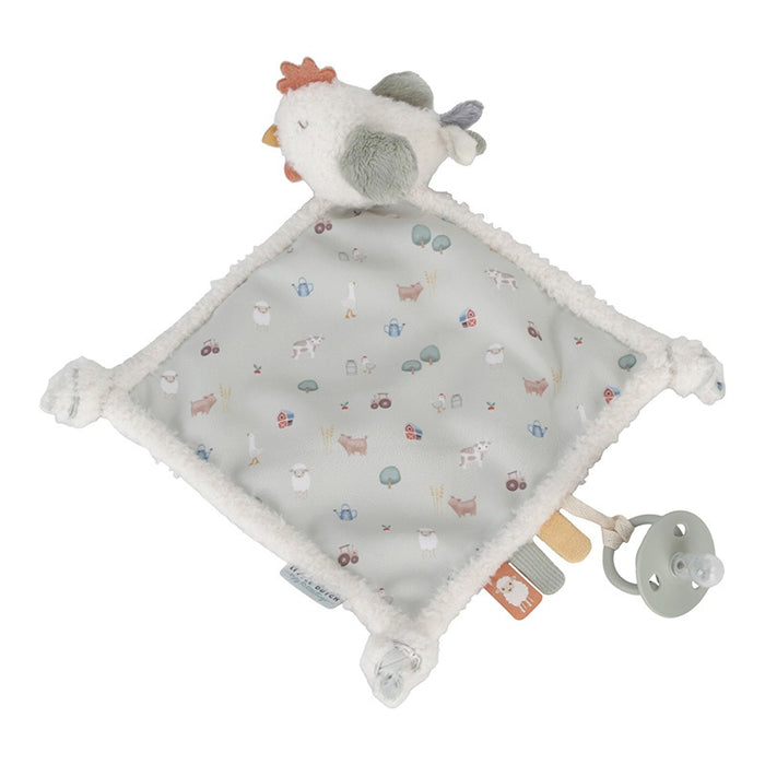 Little Dutch Schnuffeltuch Huhn Little Farm – weiches Baby-Kuscheltuch mit Bauernhofdruck, Entdecker-Labels und Schlaufe für Schnuller oder Beißring
