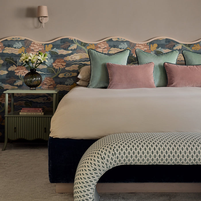 Sea Salt Velvet made-to-order plush pillows in soft green with mauve accents, custom crafted in the USA, quick delivery